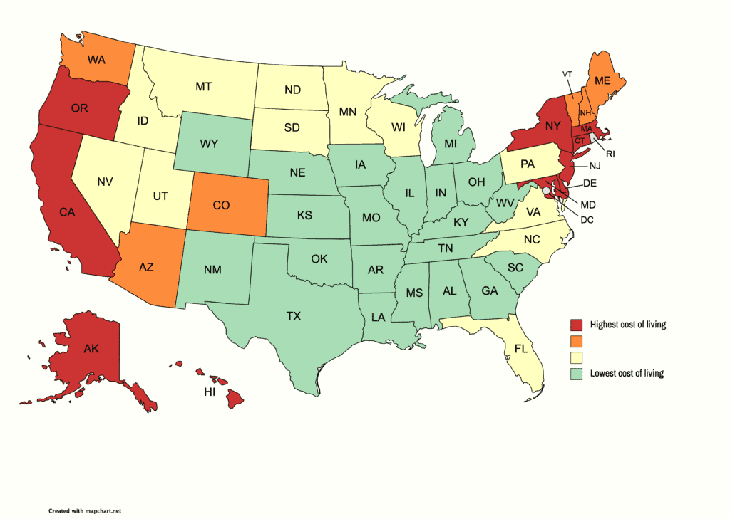map of the cost of living in the USA by state