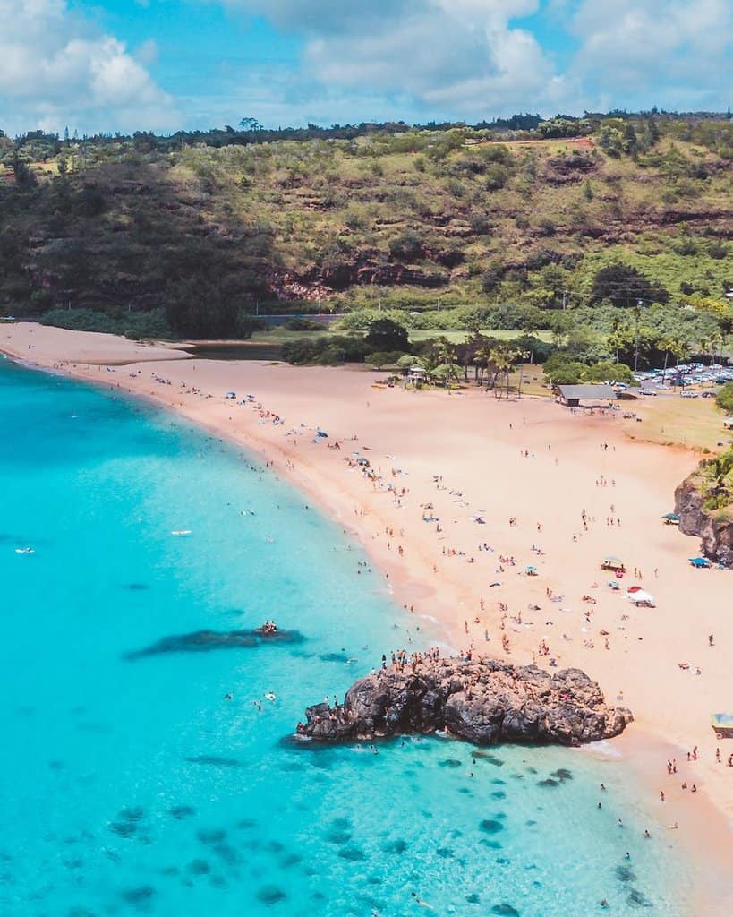 drone shot of waimea bay hawaii