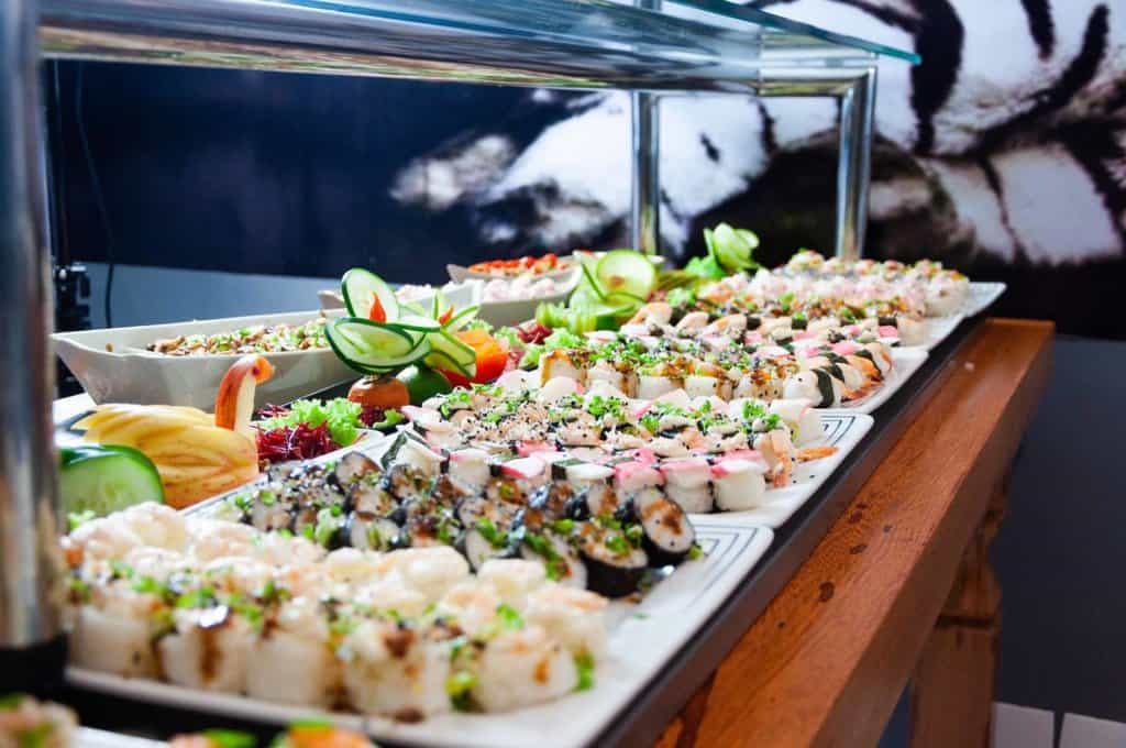 A buffet section with many sushi sections. Las Vegas has so many buffest and they are huge. You can expect so many different types of food.